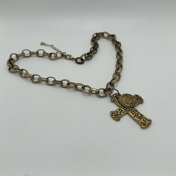 Boho brass chain with cross and pope John Paul ll medallion necklace - Picture 1 of 4
